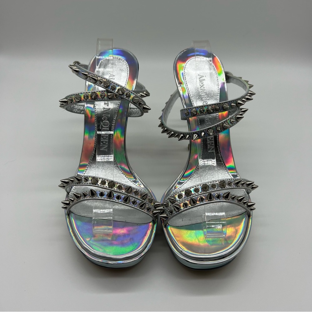 Alexander McQueen Punk Stud Metallic Leather Ankle Strap Sandals 36.5/6.5 Silver